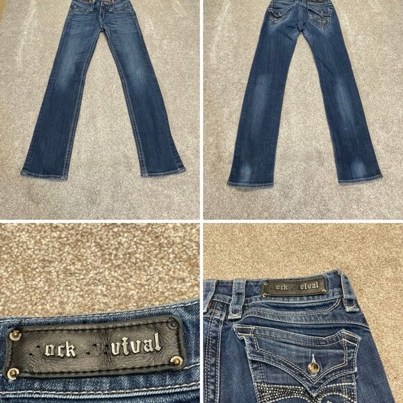 Rock Revival Denim - Rock Revival chrissie straight jeans size 30 low rise dark wash flip pocket Y2K